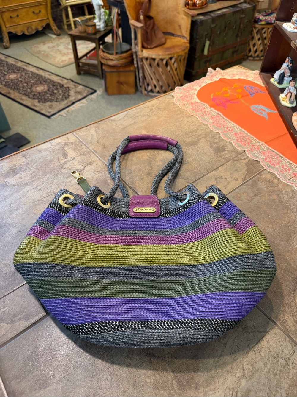 Eric Javits Striped Woven Tote in Purple, Green and Gray